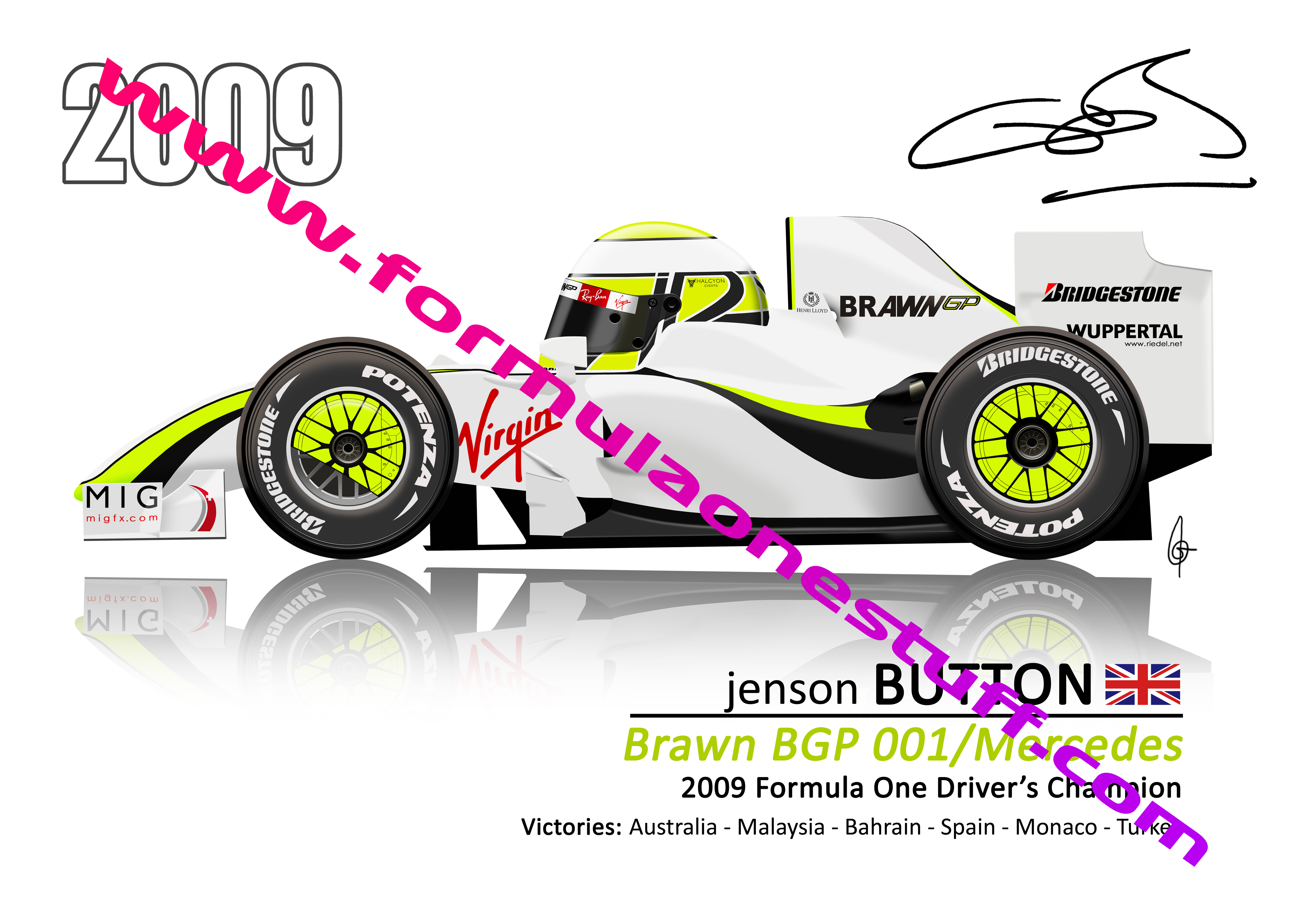 Signed TOONZ Brawn Jenson Button 2009 F1 driver cartoon poster – limited edition A3 satin print